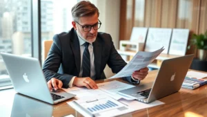Professional businessman analyzing sales tax documents and financial reports at modern office desk with laptop and calculator, natural lighting, business attire, focused expression