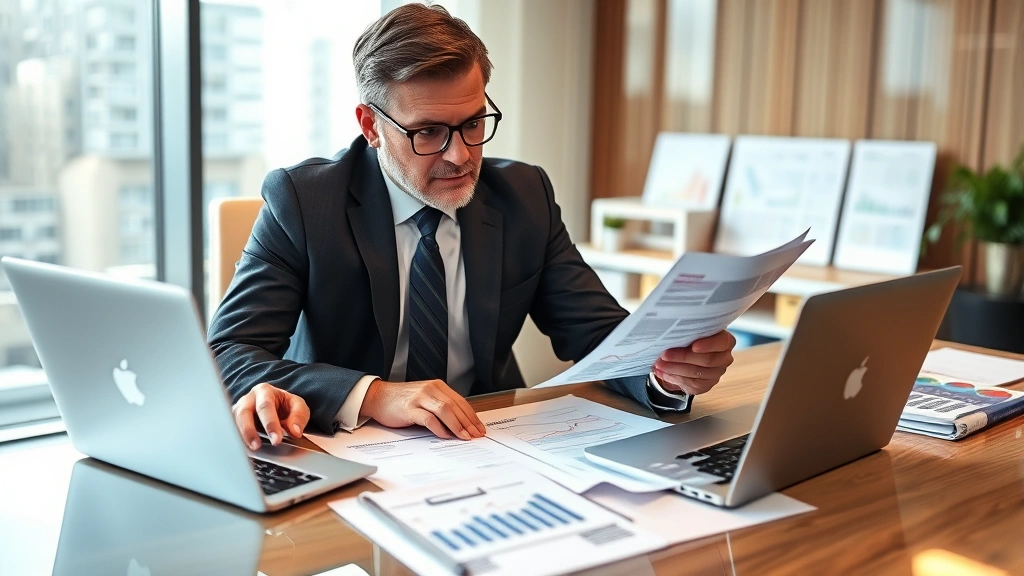 Professional businessman analyzing sales tax documents and financial reports at modern office desk with laptop and calculator, natural lighting, business attire, focused expression