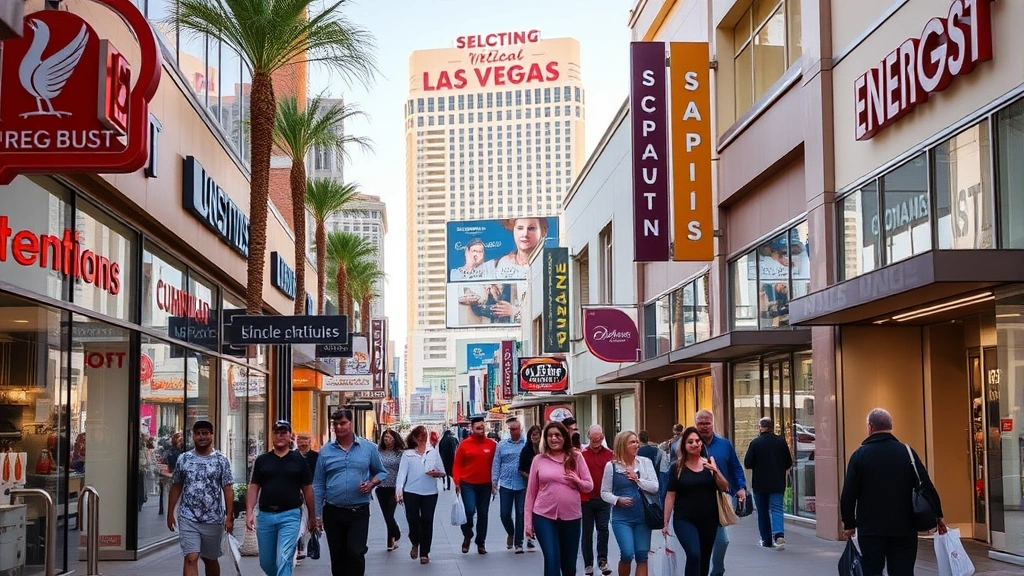 Busy Las Vegas shopping district with diverse retail storefronts, customers carrying shopping bags, vibrant urban commerce scene during daytime, street-level perspective