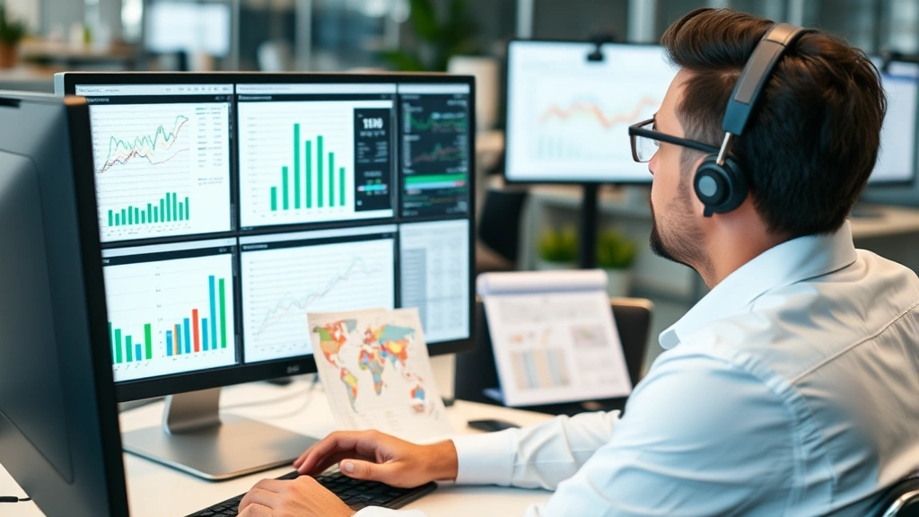 Tax compliance specialist reviewing detailed spreadsheets and charts on computer monitor showing sales data analysis, professional office environment, analytical work in progress