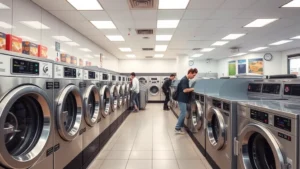 Modern laundromat interior with rows of stainless steel front-load washing machines and matching dryers, bright LED lighting, clean tile floors, customers using machines, professional commercial setting, daytime lighting