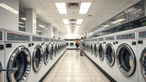 Modern laundromat interior with rows of gleaming commercial washing machines and dryers, bright LED lighting, clean tiled floors, customers using machines, professional and welcoming atmosphere