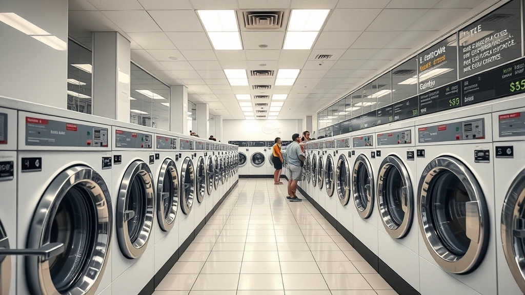 Modern laundromat interior with rows of gleaming commercial washing machines and dryers, bright LED lighting, clean tiled floors, customers using machines, professional and welcoming atmosphere