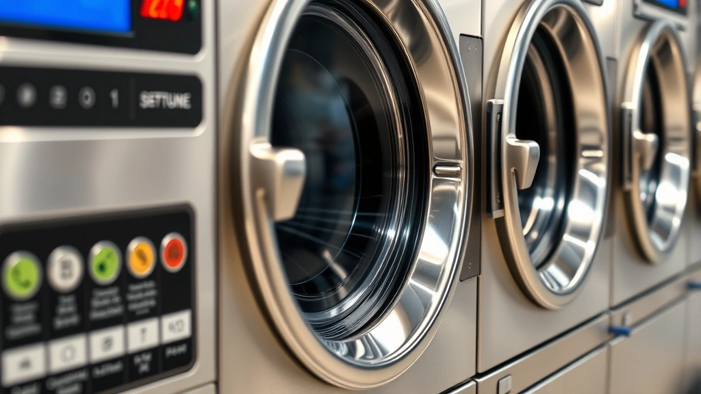 Close-up of commercial laundry equipment showing coin slots and digital displays, stainless steel machines, modern payment systems, well-maintained mechanical components