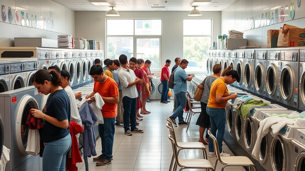 Busy laundromat during peak hours with diverse customers folding clothes, multiple people using different machines simultaneously, bright natural light from windows, organized seating area with chairs