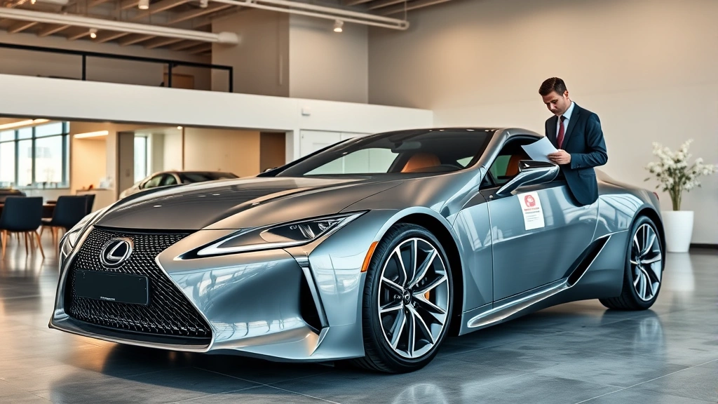 Professional luxury car showroom interior with a sleek gray Lexus LC500 coupe prominently displayed under warm overhead lighting, polished concrete floors, modern minimalist background, salesperson in business attire reviewing paperwork with client