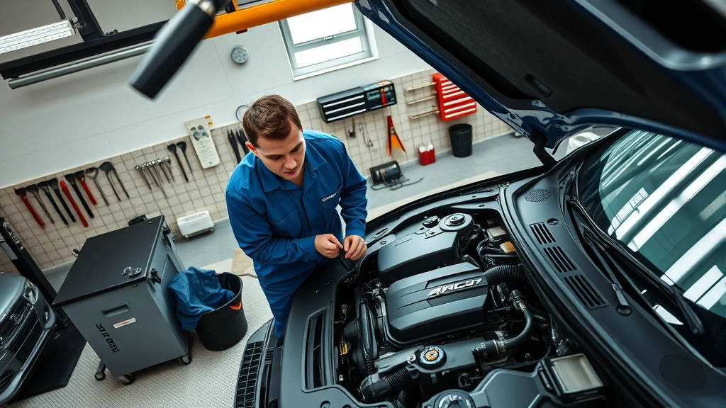 Overhead view of automotive mechanic using diagnostic scanner on a luxury vehicle engine bay, professional workshop setting with tools organized on wall, natural lighting from skylights, technician wearing blue uniform examining engine components