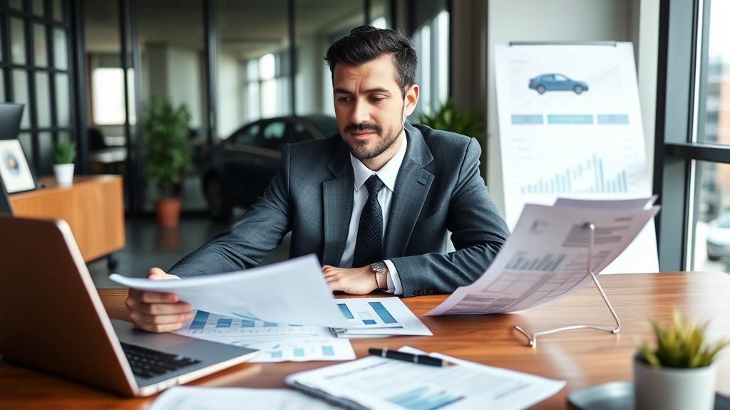 Confident businessman in suit reviewing financial documents and vehicle paperwork at modern office desk, laptop displaying market data and pricing charts, professional business environment with soft natural lighting, papers and pen arranged neatly