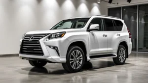 Luxury SUV showroom display featuring a pearl white Lexus GX 550 positioned prominently under professional lighting, emphasizing sleek design lines and sophisticated exterior styling, with polished concrete floors and minimalist dealership setting