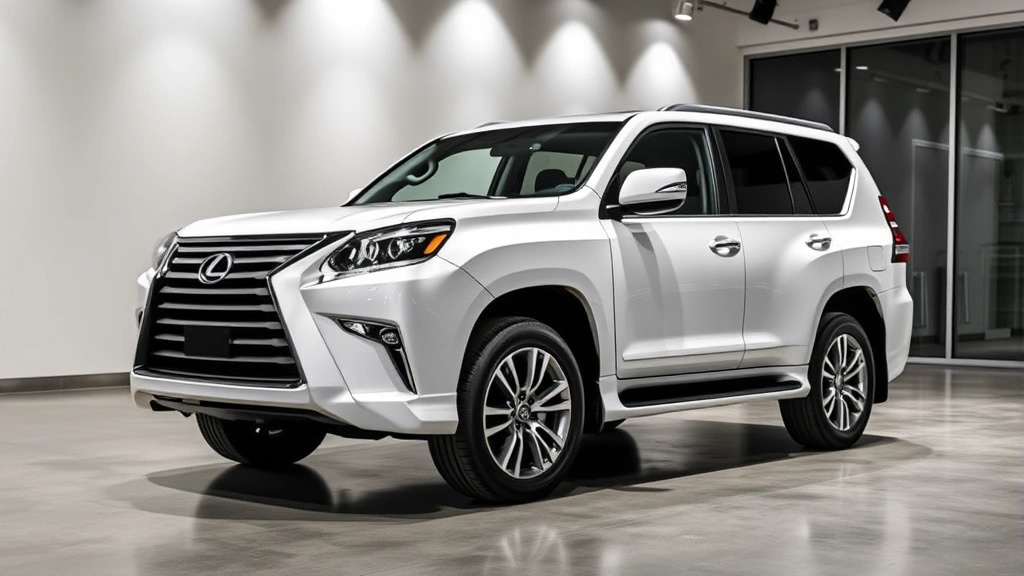 Luxury SUV showroom display featuring a pearl white Lexus GX 550 positioned prominently under professional lighting, emphasizing sleek design lines and sophisticated exterior styling, with polished concrete floors and minimalist dealership setting