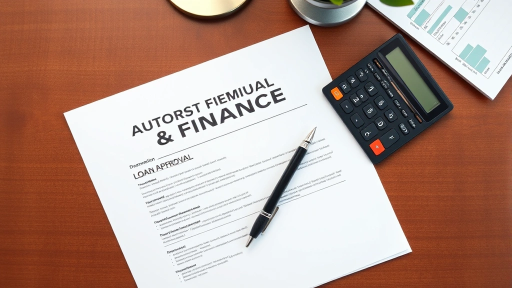 Professional overhead view of premium automotive finance documents, calculator, and pen arranged on mahogany desk surface, representing loan approval and financing process for luxury vehicle purchases