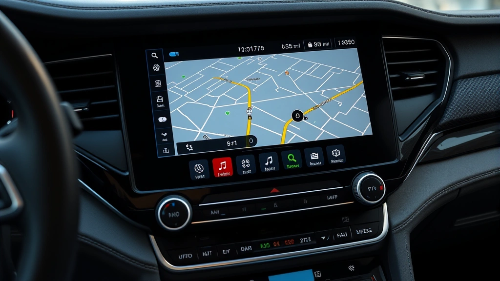 Detailed close-up of modern vehicle infotainment touchscreen interface displaying navigation map and connected smartphone integration, showcasing contemporary technology dashboard elements in luxury SUV cabin
