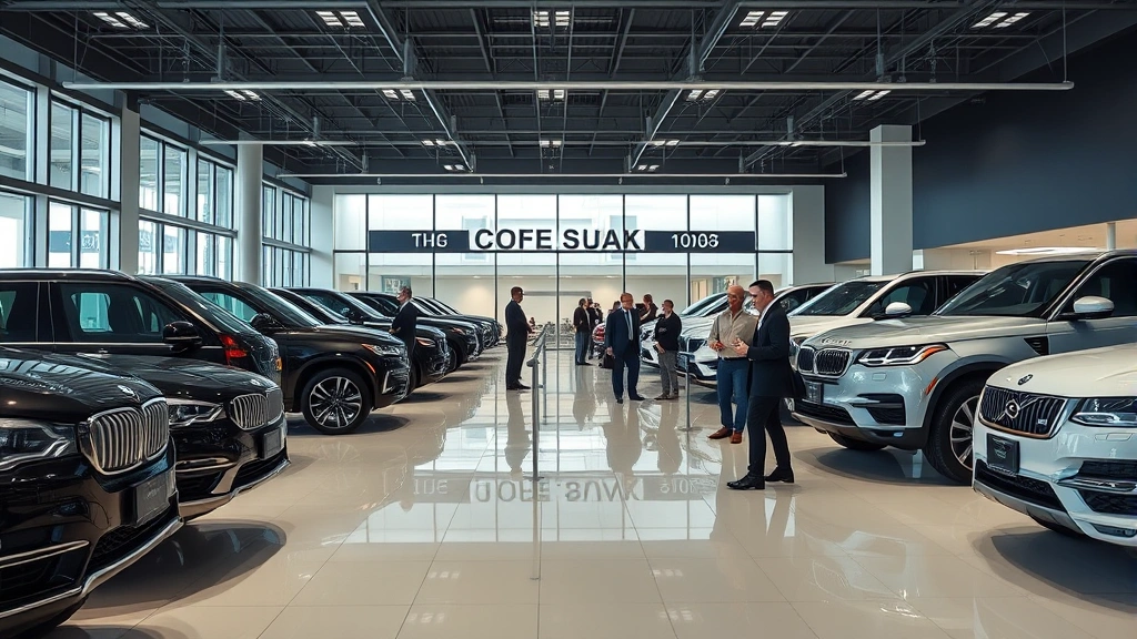 Luxury SUV showroom interior with multiple high-end vehicles displayed, professional lighting, clean modern dealership environment, customers and salespeople in business attire reviewing vehicles