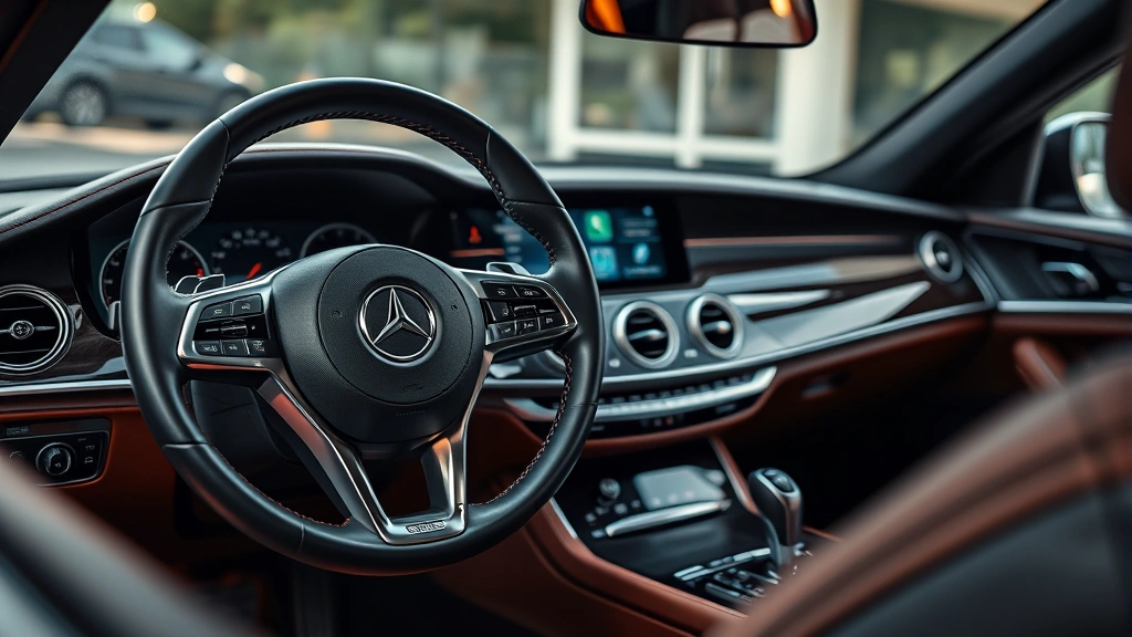 Close-up of luxury vehicle dashboard and steering wheel, modern infotainment system, leather interior details, professional automotive photography showing premium materials and controls