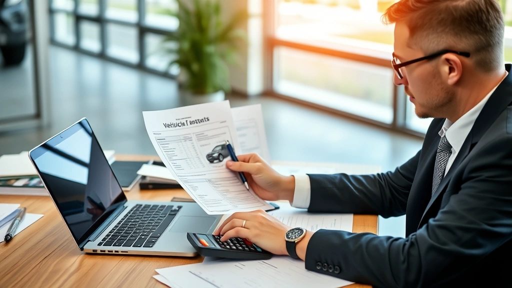 Businessman reviewing vehicle documents and pricing sheets at desk with laptop and calculator, professional office environment, focused on financial analysis and paperwork
