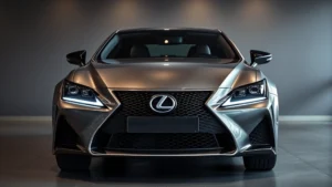 Professional luxury performance sedan Lexus ISF parked in modern showroom with dramatic lighting, showcasing distinctive aggressive front grille and quad exhaust outlets, neutral background, photorealistic