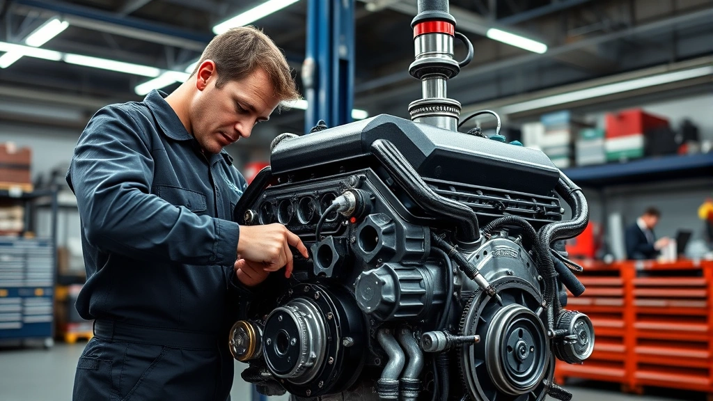 Experienced mechanic performing comprehensive pre-purchase inspection on high-performance V8 engine in well-equipped automotive service facility, checking components with professional tools, bright workshop lighting