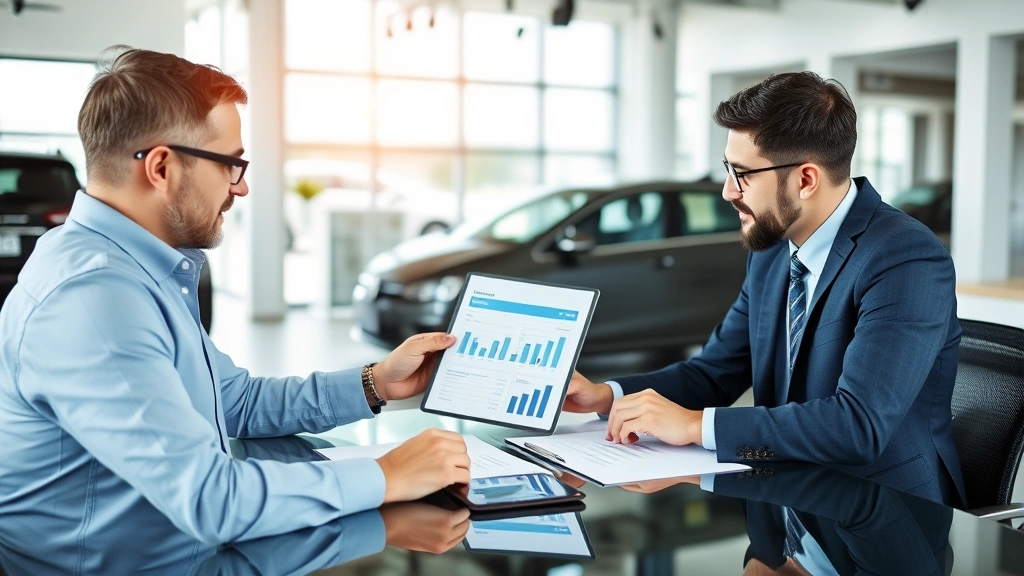 Successful negotiation scene: professional buyer and seller reviewing vehicle documentation and paperwork at modern dealership desk with tablet showing market pricing data and vehicle history report