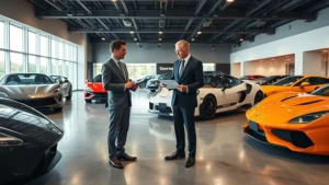 Luxury car showroom interior with high-end exotic vehicles displayed under professional lighting, polished concrete floors, minimalist modern design, professional sales consultant in business attire reviewing documents with affluent client