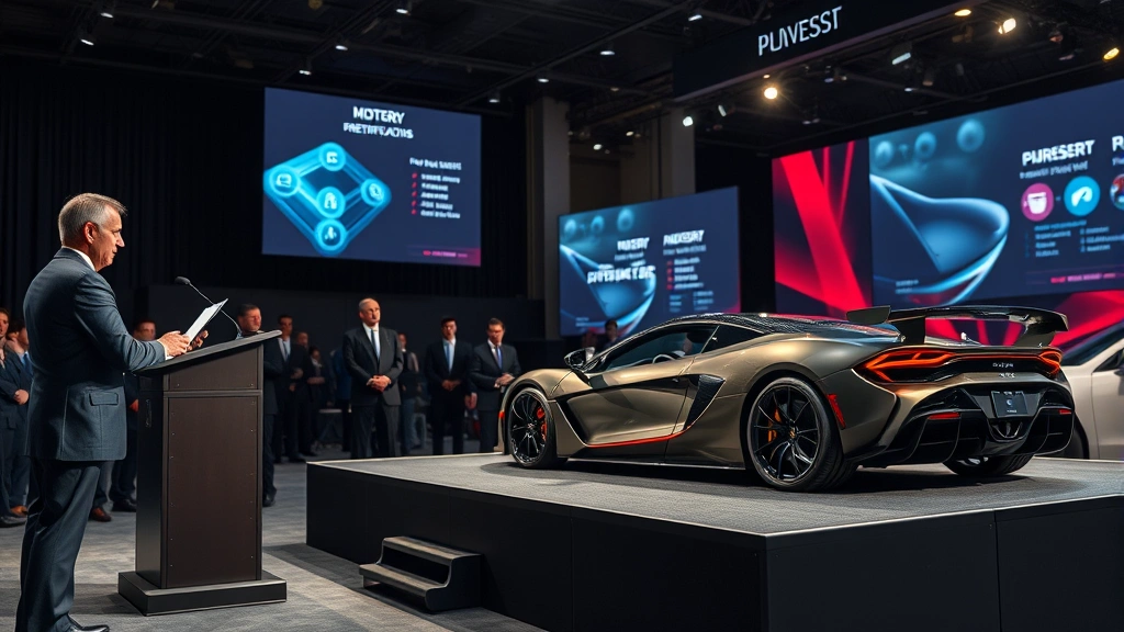 Close-up of luxury vehicle auction house with professional auctioneer at podium, elegant bidders in formal attire, digital display showing vehicle specifications and pricing, dramatic lighting highlighting the exotic car on display platform