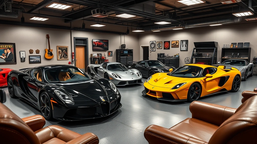 Wealthy collector's private garage featuring multiple exotic supercars in climate-controlled environment, professional lighting showcasing vehicle details, leather-appointed workspace area, premium service equipment visible in background