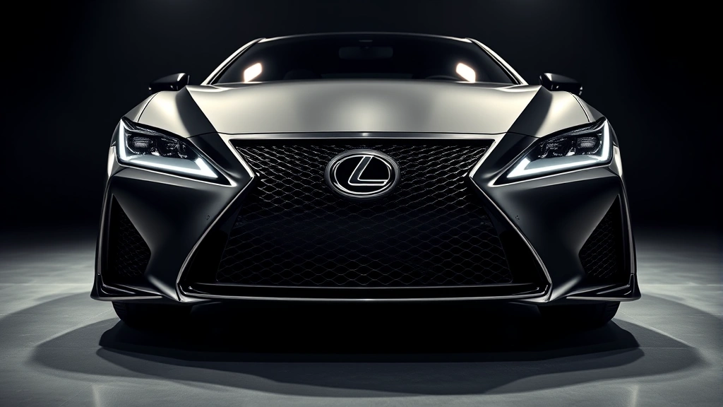 Luxury Lexus RCF sports car exterior photographed from three-quarter angle in studio setting with dramatic lighting, showcasing aggressive front grille and sleek body lines, professional automotive photography style