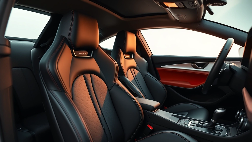 Interior detail shot of premium leather-trimmed sport seats and dashboard of high-end luxury performance vehicle, showing stitching quality and modern infotainment touchscreen interface, warm studio lighting