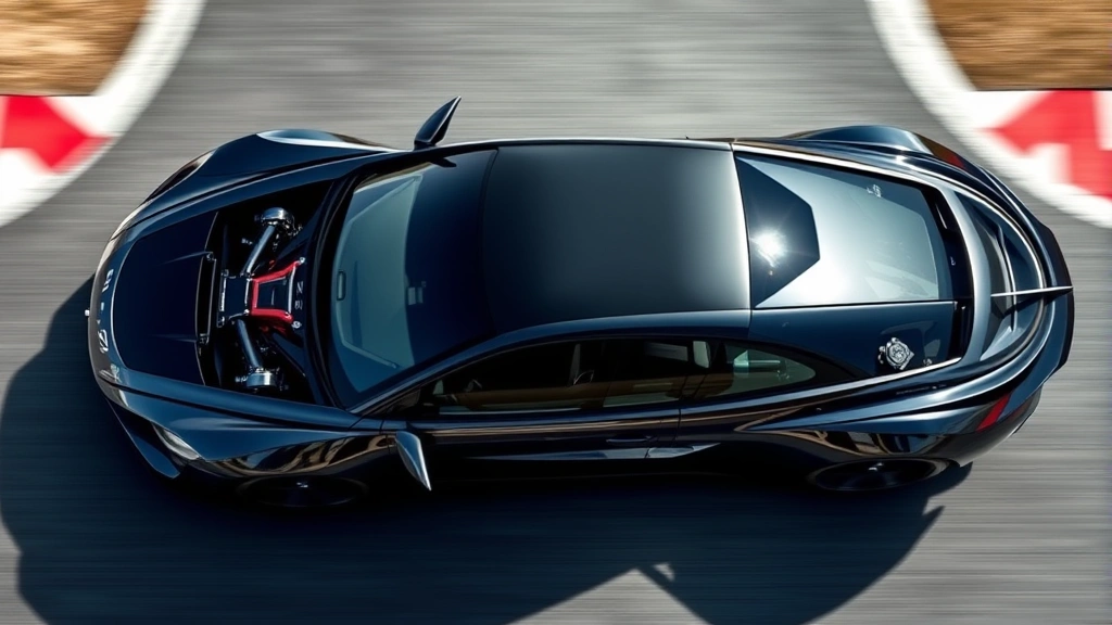 Overhead view of luxury performance vehicle on race track or closed course, showing all-wheel-drive capability and suspension geometry, dynamic motion photography with motion blur suggesting speed and performance
