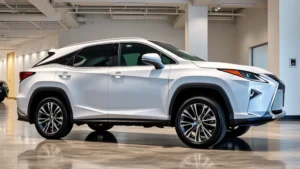 Luxury white Lexus RX 350 crossover parked in modern dealership showroom with polished concrete floors and contemporary lighting, side profile view showing sleek design and premium wheels