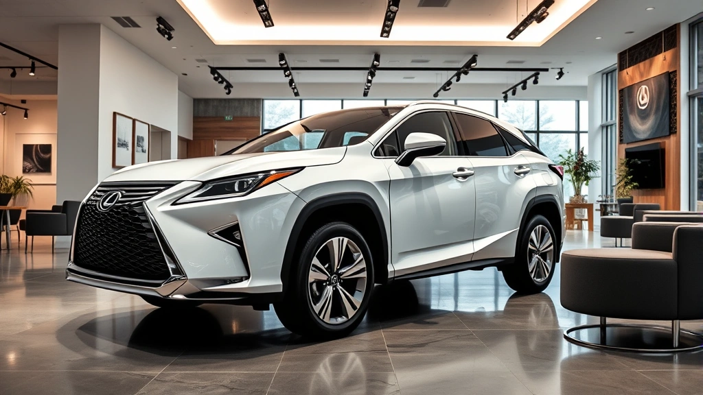 Professional luxury automotive showroom interior featuring a pearl white Lexus RX350 SUV displayed under modern gallery lighting with polished concrete floors and contemporary furniture, showcasing premium retail environment for high-value vehicle sales
