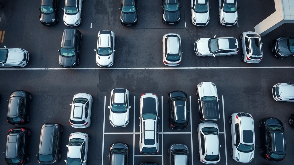 Overhead view of automotive dealership lot with multiple luxury SUVs arranged in organized rows, displaying inventory management in action with clear vehicle spacing and professional signage, representing organized stock control