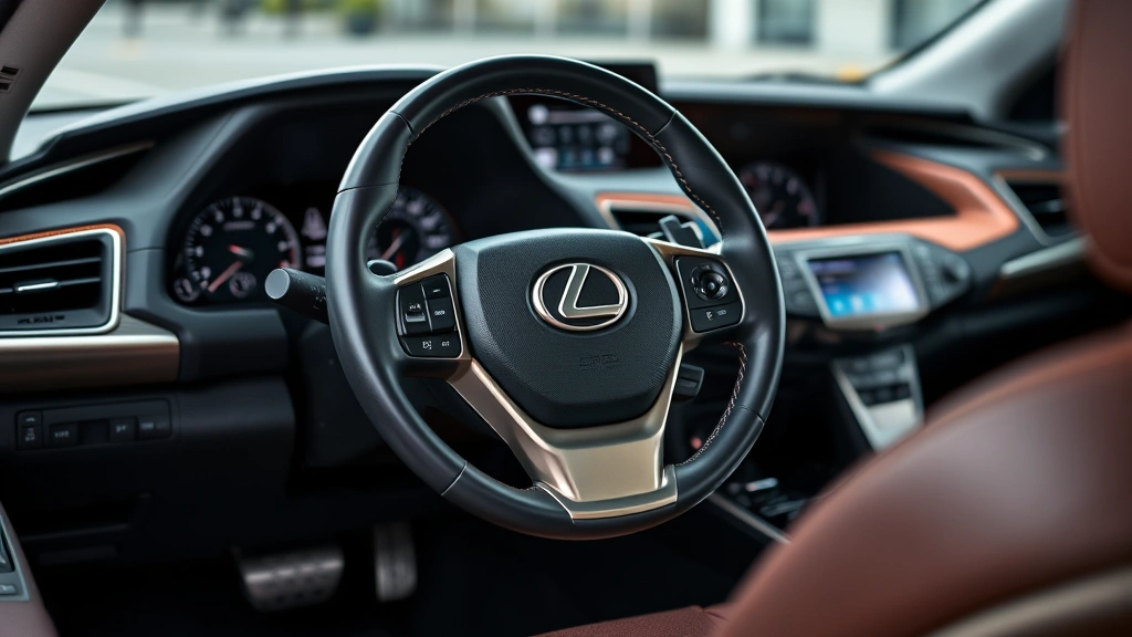 Close-up of luxury vehicle dashboard and steering wheel inside a Lexus RX350, highlighting premium interior materials, advanced touchscreen infotainment system, and leather appointments that appeal to affluent consumers researching specifications online