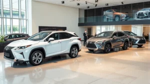 Professional luxury SUV showroom interior with modern Lexus vehicles displayed on polished concrete floor, soft ambient lighting highlighting vehicle features, dealership staff in background assisting customers, contemporary minimalist design with large windows