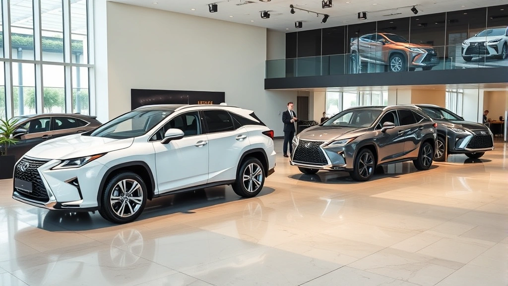 Professional luxury SUV showroom interior with modern Lexus vehicles displayed on polished concrete floor, soft ambient lighting highlighting vehicle features, dealership staff in background assisting customers, contemporary minimalist design with large windows