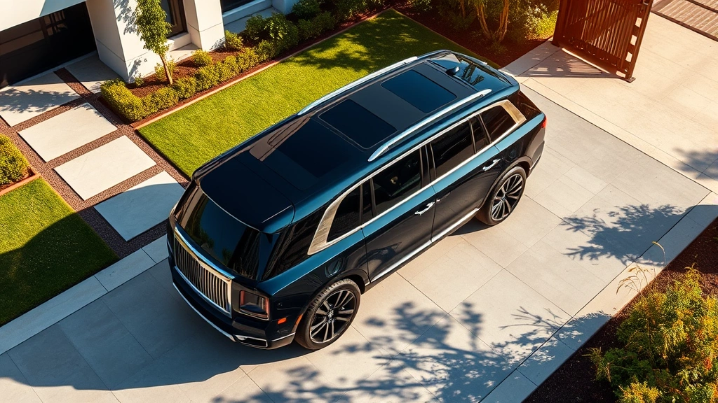 Aerial lifestyle photography of black luxury SUV parked at modern residential driveway with manicured landscaping, showing vehicle profile and premium design details, sunny natural lighting creating professional automotive imagery