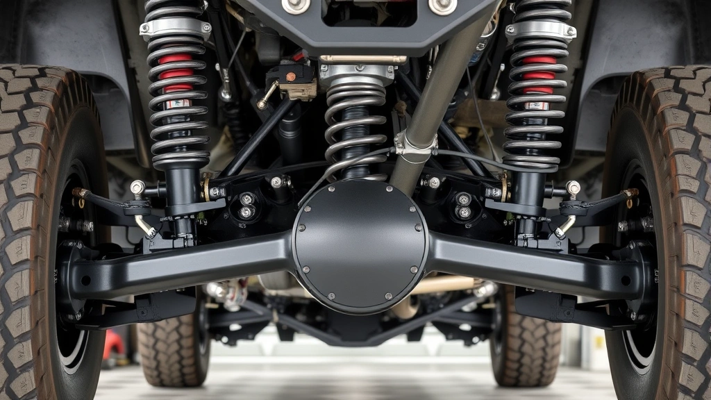 Close-up detailed image of truck suspension components including lifted shocks, springs, and undercarriage assembly, showing professional installation quality and mechanical detail without signage or text overlays