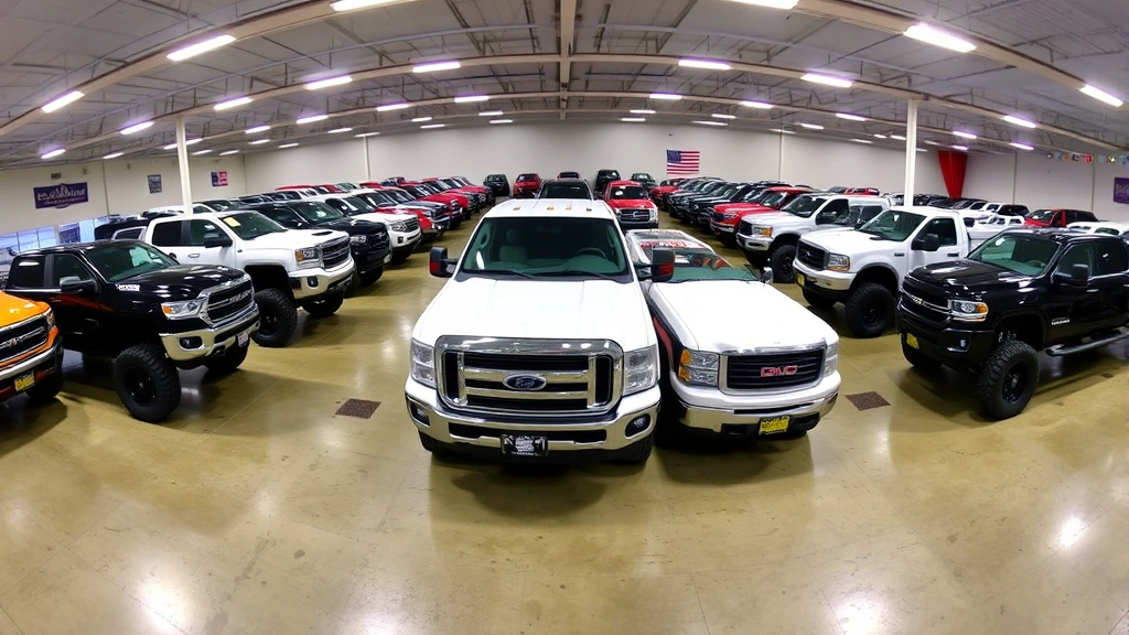 Wide-angle photograph of multiple lifted trucks displayed at a dealership or auction facility, showing various lift heights, colors, and truck models arranged in rows demonstrating market inventory diversity
