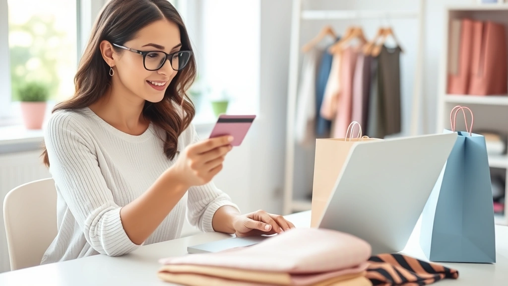 Woman shopping online on laptop with shopping bags and clothing items visible on desk, credit card in hand, focused expression analyzing fashion purchases, home office environment with natural light