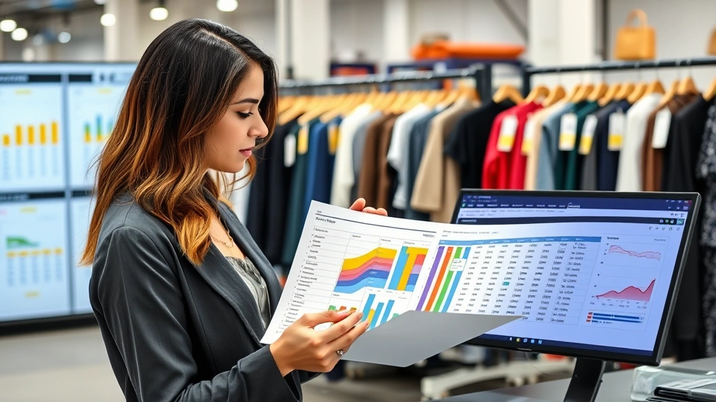 Fashion merchandiser analyzing inventory spreadsheet with color-coded discount tiers, warehouse management system displayed, organized clothing racks with sale tags visible in background, professional analytical workspace