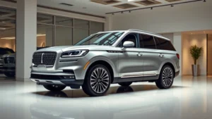 Photorealistic image of a silver Lincoln Aviator luxury SUV parked in a modern dealership showroom with professional lighting and elegant interior design, no signage or text visible
