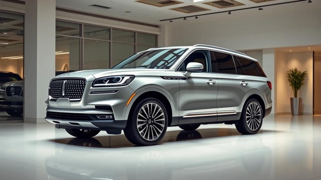 Photorealistic image of a silver Lincoln Aviator luxury SUV parked in a modern dealership showroom with professional lighting and elegant interior design, no signage or text visible