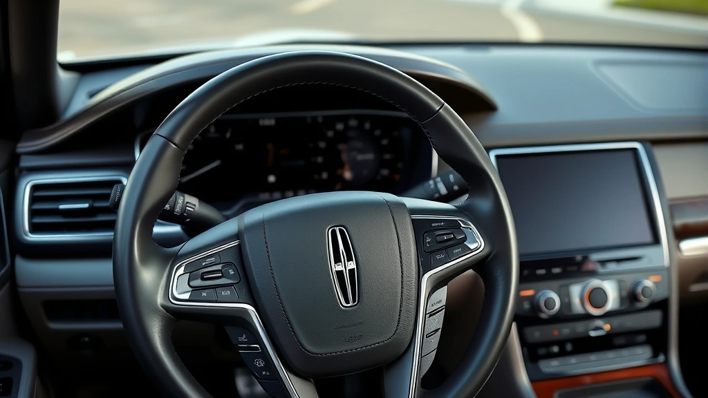Close-up photograph of a Lincoln Aviator's premium leather interior dashboard and steering wheel featuring advanced infotainment touchscreen display and modern controls, no visible text