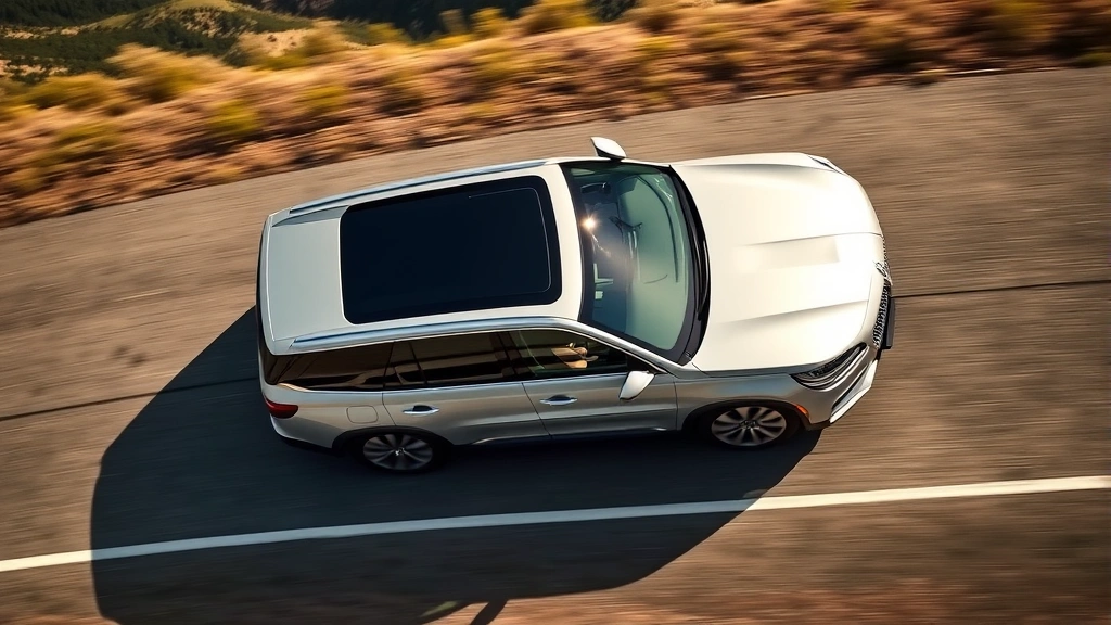 Overhead view of a Lincoln Aviator on a scenic highway with mountains in background, demonstrating the vehicle's elegant design and premium positioning in natural daylight