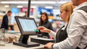 Professional retail cashier processing transaction on modern point-of-sale terminal with digital display showing sales and tax calculations, bright indoor store lighting, customer visible in background making payment
