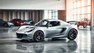 Professional photograph of a silver Lotus Elise sports car positioned at three-quarter angle on a modern automotive showroom floor with soft studio lighting, polished concrete surface, and blurred luxury automotive backdrop