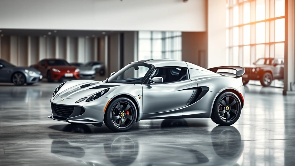 Professional photograph of a silver Lotus Elise sports car positioned at three-quarter angle on a modern automotive showroom floor with soft studio lighting, polished concrete surface, and blurred luxury automotive backdrop
