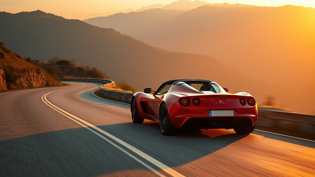 High-quality image of a red Lotus Elise in motion on a winding mountain road during golden hour, demonstrating dynamic handling and performance characteristics, surrounded by natural landscape scenery