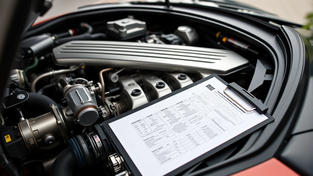 Detailed close-up photograph of Lotus Elise engine bay showing precision aluminum components, intricate mechanical systems, and professional technical documentation clipboard with performance specifications visible in soft focus