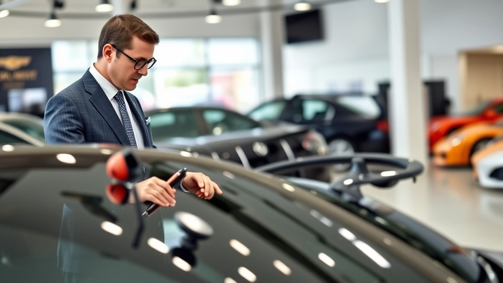 Wealthy businessman in business casual attire examining high-end sports car in premium automotive retail environment, examining details with focused attention and professional confidence