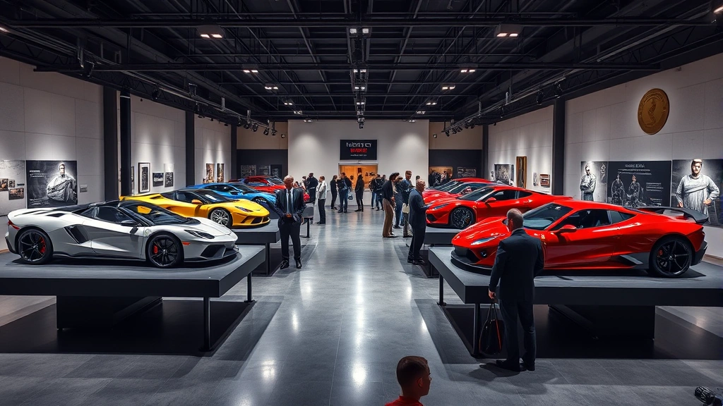 Exclusive automotive auction house with multiple premium sports cars displayed on elevated platforms under gallery lighting, sophisticated buyers examining vehicles in upscale setting